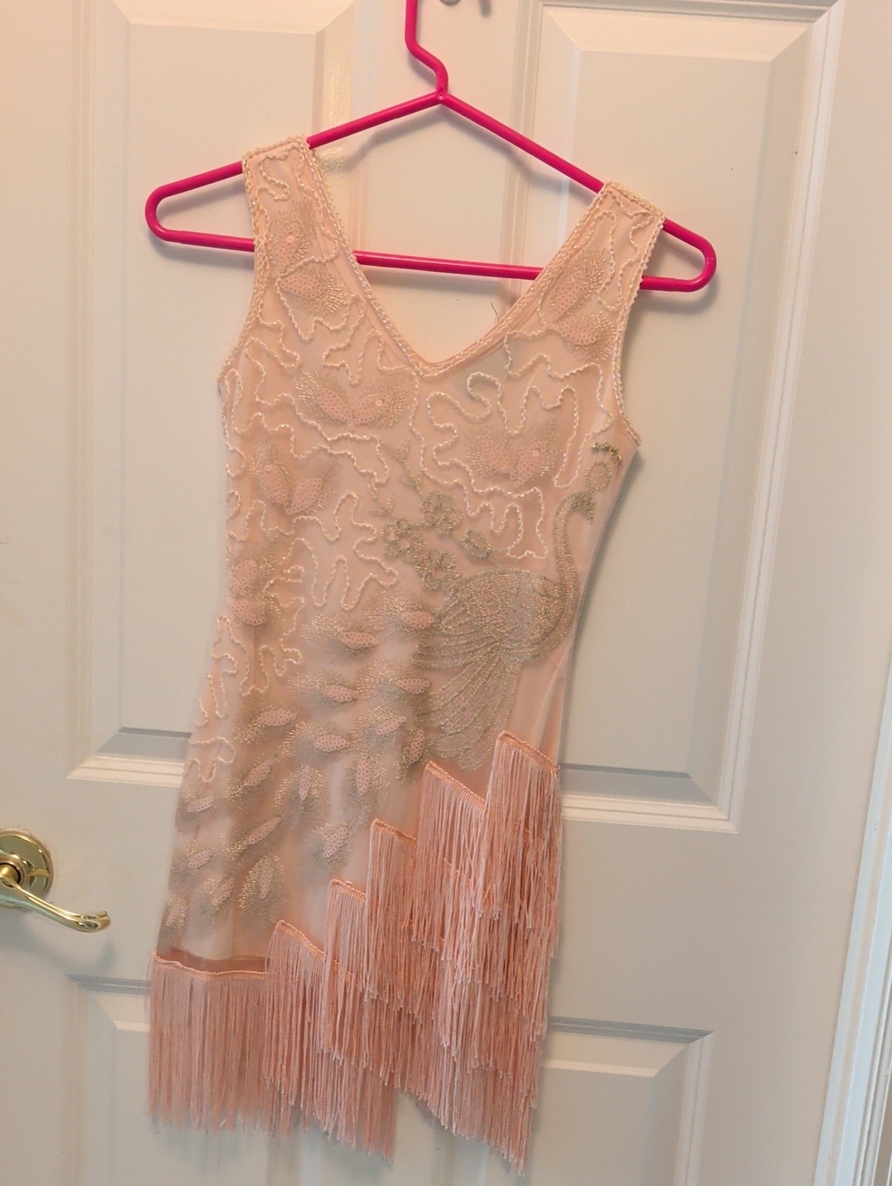 Beaded Fringe Flapper Dress in Blush Pink